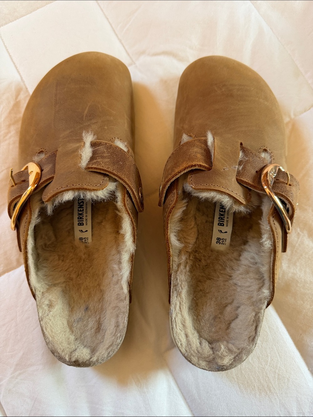 Birkenstock Shearling-Lined Mink Boston Clogs with Gold Buckles